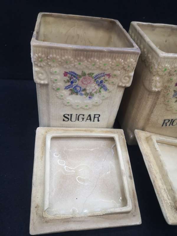 Ceramic Cannister set - age related color spots and crazing cracks - one lid damaged as per pic