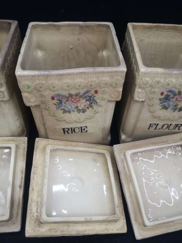 Ceramic Cannister set - age related color spots and crazing cracks - one lid damaged as per pic