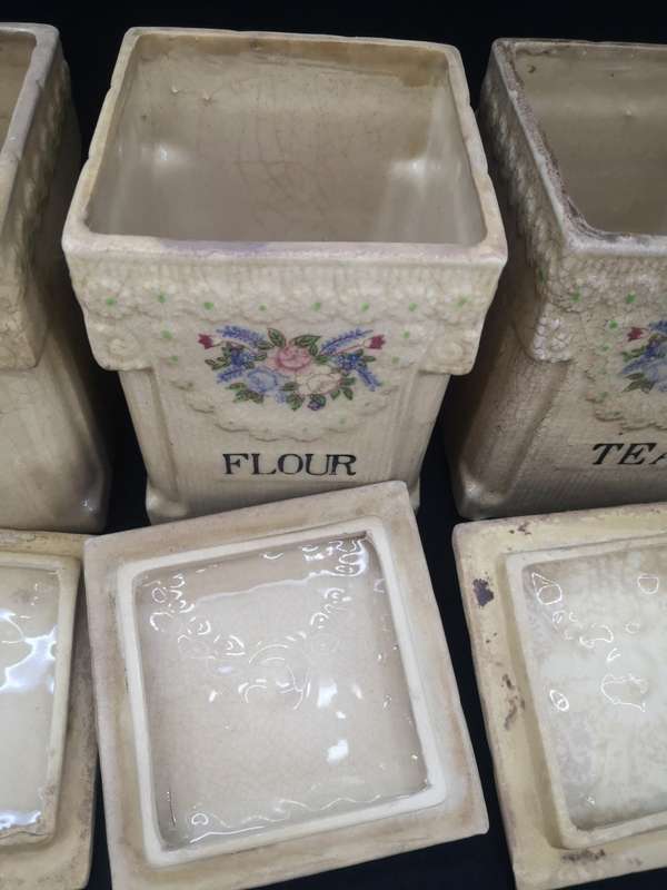 Ceramic Cannister set - age related color spots and crazing cracks - one lid damaged as per pic