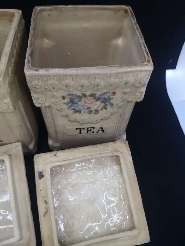 Ceramic Cannister set - age related color spots and crazing cracks - one lid damaged as per pic