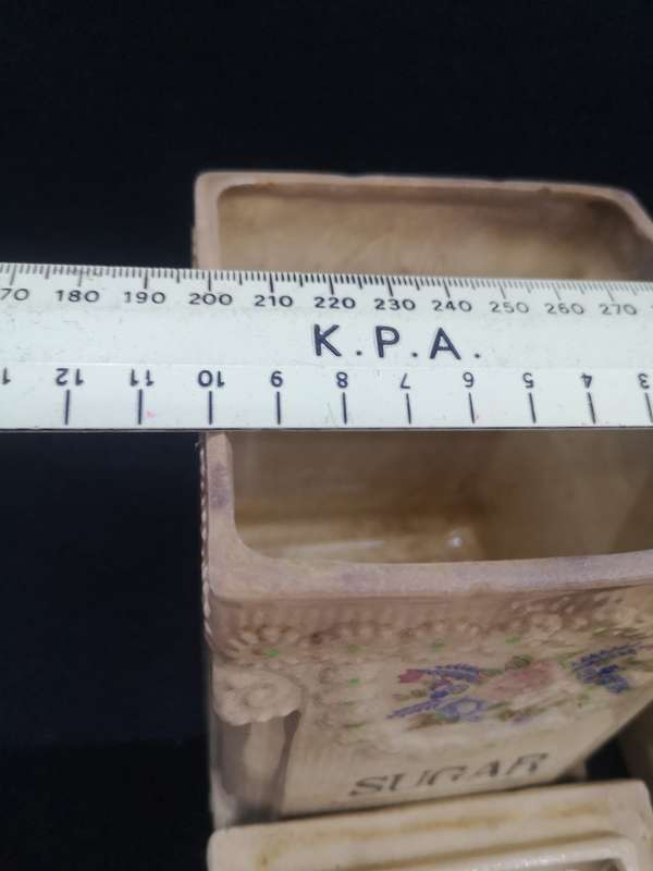 Ceramic Cannister set - age related color spots and crazing cracks - one lid damaged as per pic