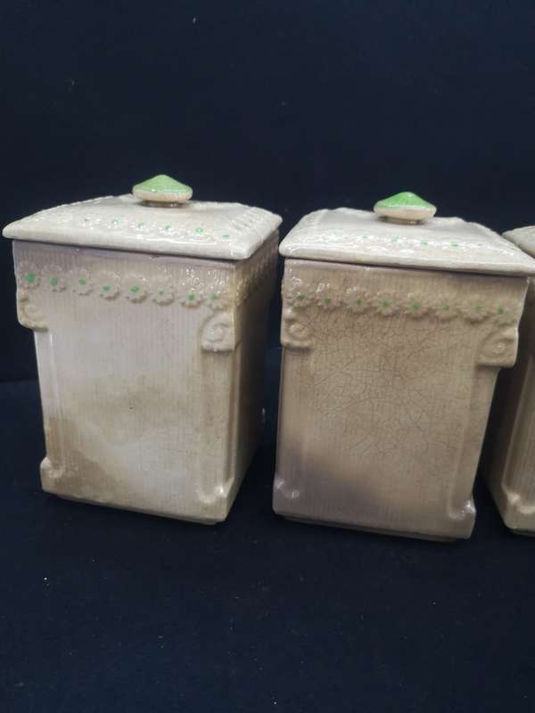 Ceramic Cannister set - age related color spots and crazing cracks - one lid damaged as per pic