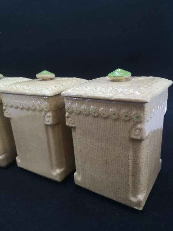Ceramic Cannister set - age related color spots and crazing cracks - one lid damaged as per pic