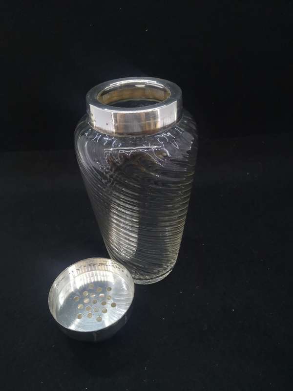 Vintage Cocktail shaker - Crystal glass with silver plated lid and strainer