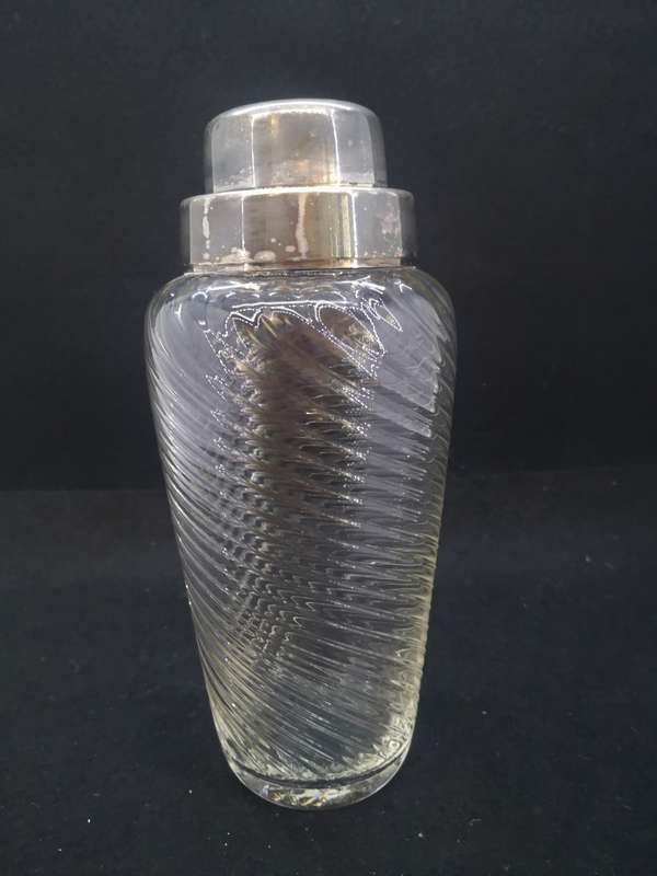 Vintage Cocktail shaker - Crystal glass with silver plated lid and strainer