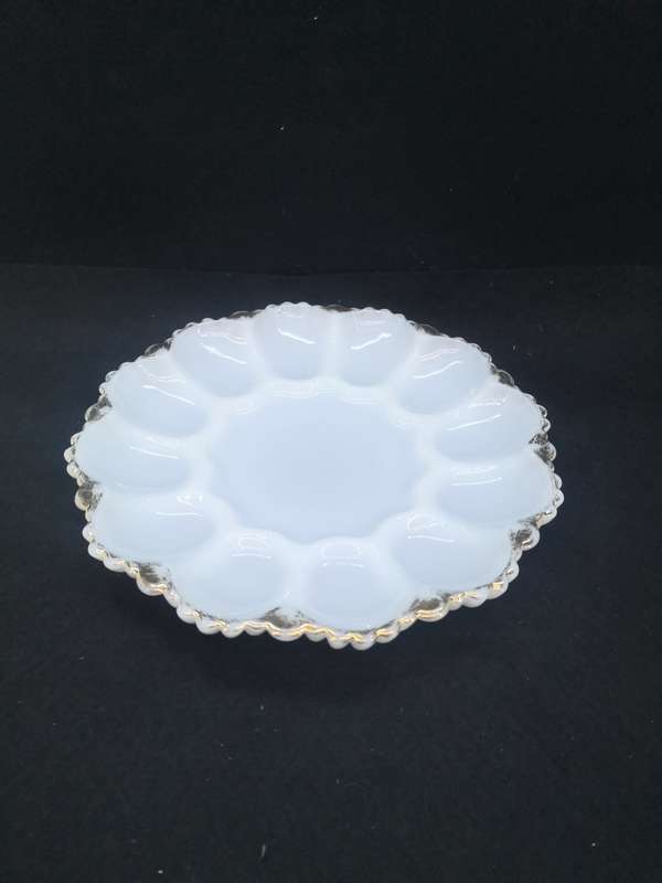Milk glass devilled egg plate - lots of gold loss