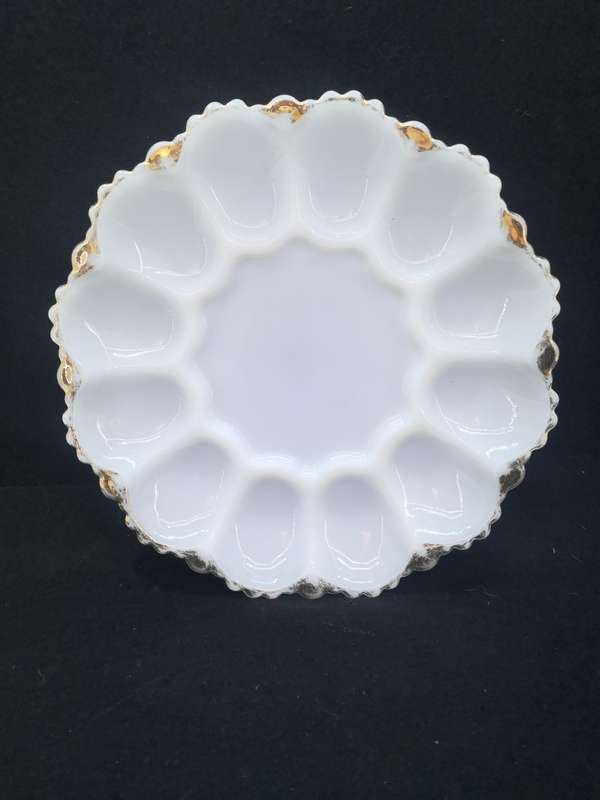 Milk glass devilled egg plate - lots of gold loss