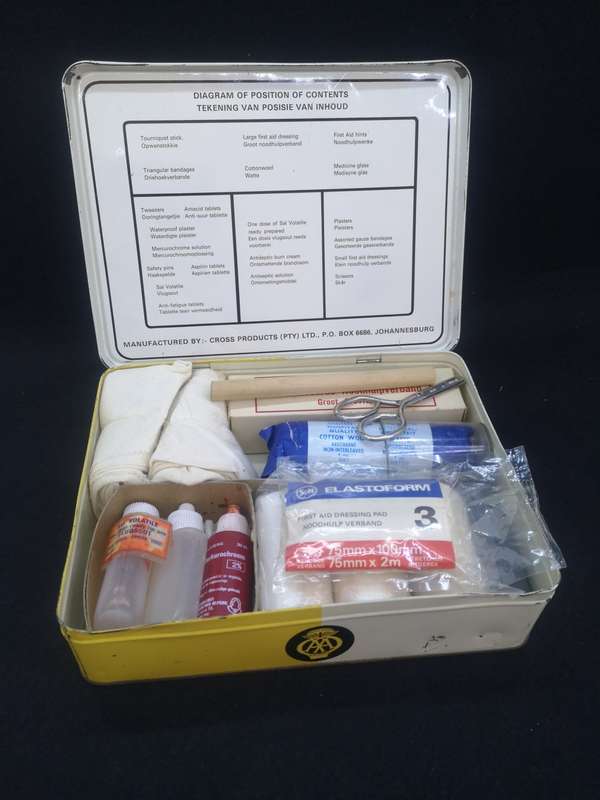Vintage South Africa AA Automobile Association First Aid kit in tin with contents - contents expired