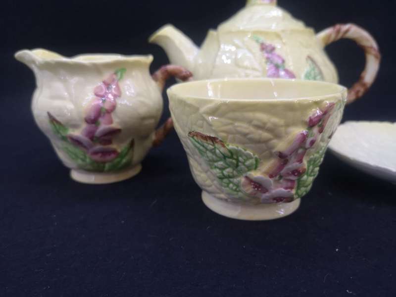 Vintage Carlton Ware Foxglove teapot sugar bowl and milk jug and plate set
