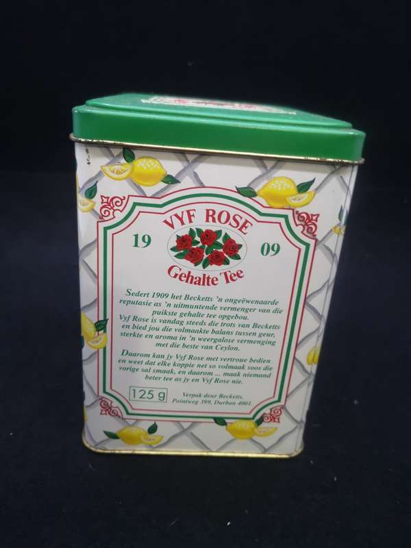 Vintage Five Roses tea tin - Afrikaans one side
