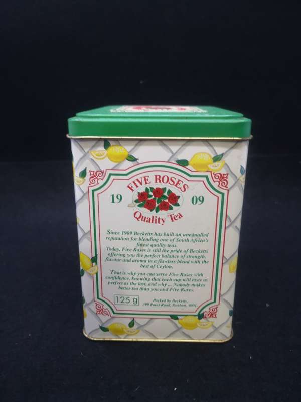 Vintage Five Roses tea tin - Afrikaans one side