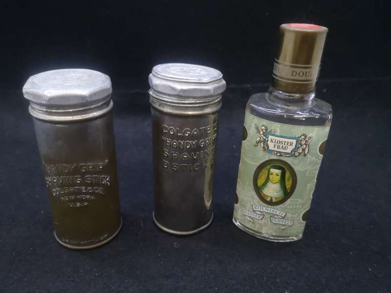 Vintage Golgate Handygrip tins and Kloster Frau bottle