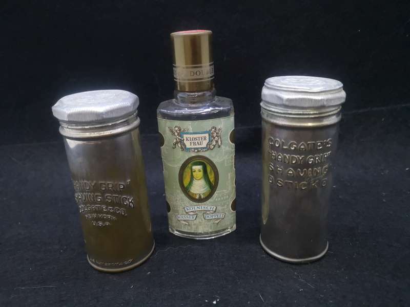 Vintage Golgate Handygrip tins and Kloster Frau bottle