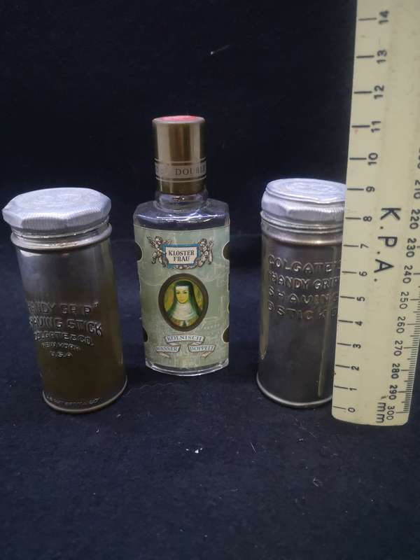 Vintage Golgate Handygrip tins and Kloster Frau bottle