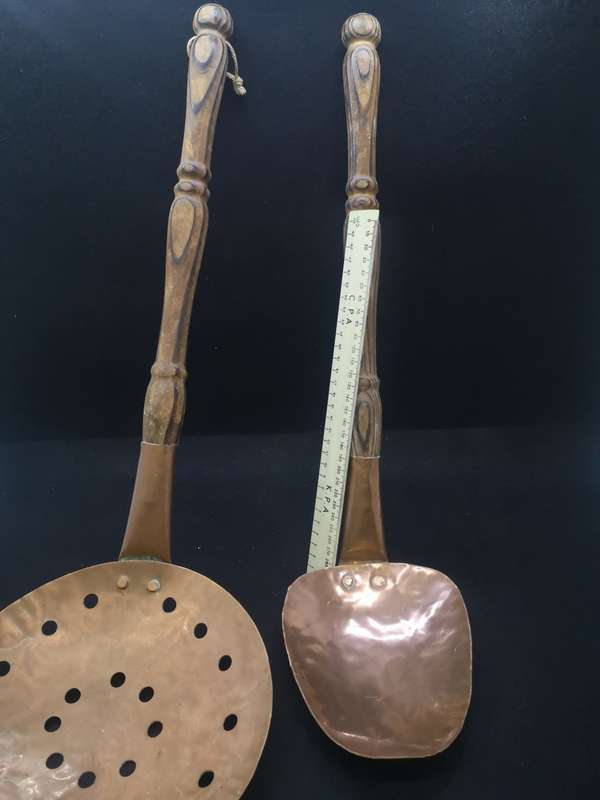 Two huge Vintage copper handmade skimmer and spoon set