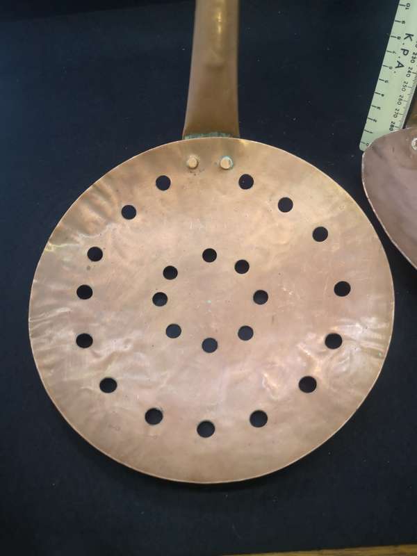 Two huge Vintage copper handmade skimmer and spoon set