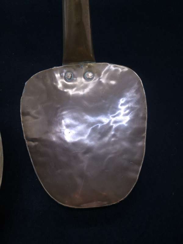 Two huge Vintage copper handmade skimmer and spoon set
