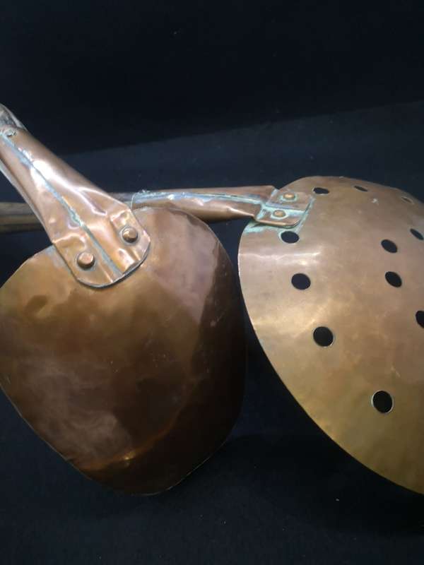 Two huge Vintage copper handmade skimmer and spoon set