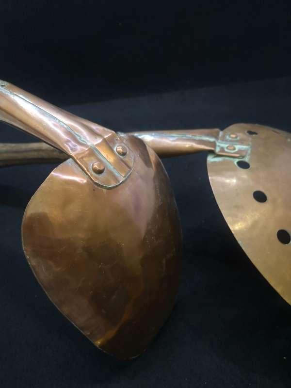 Two huge Vintage copper handmade skimmer and spoon set