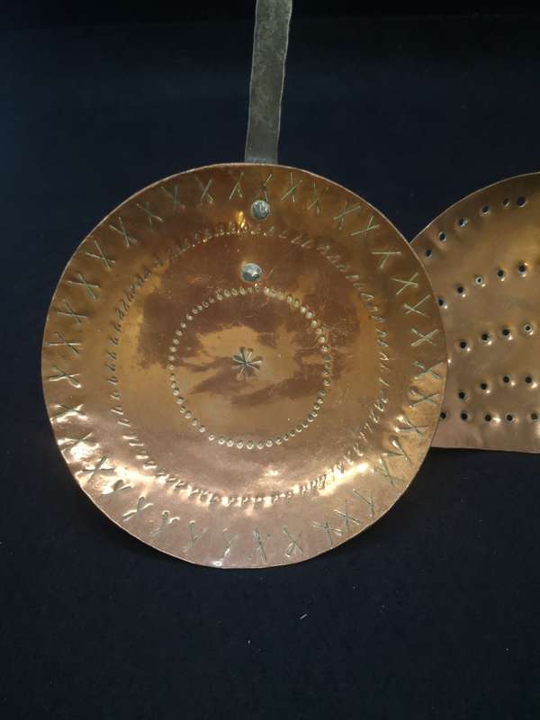 Two huge Vintage copper handmade skimmer and spoon set