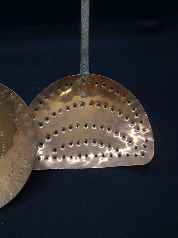 Two huge Vintage copper handmade skimmer and spoon set