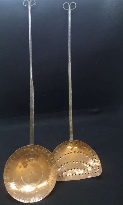 Two huge Vintage copper handmade skimmer and spoon set