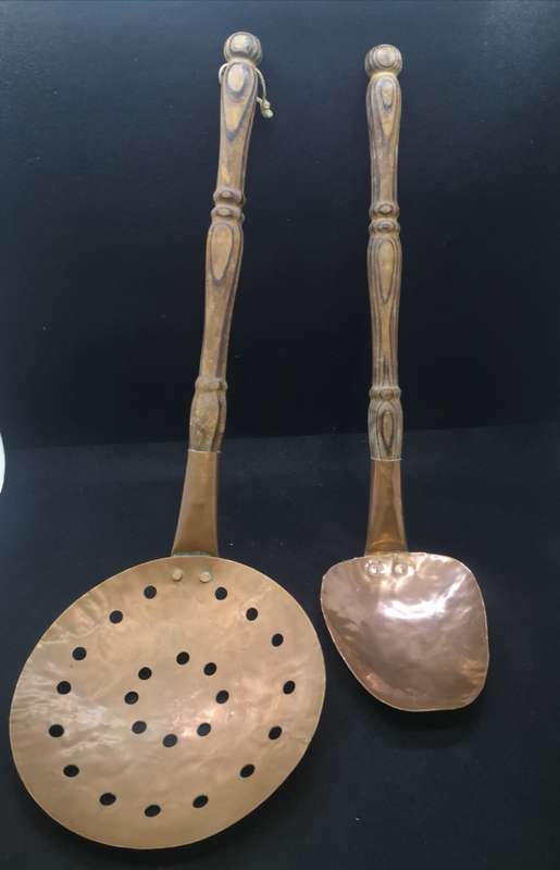 Two huge Vintage copper handmade skimmer and spoon set
