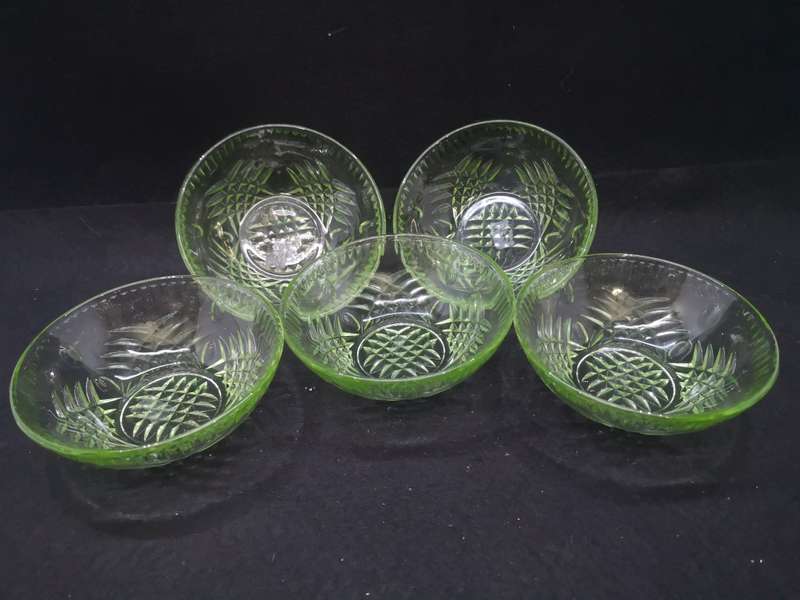 Set of 5 green glass serving bowls