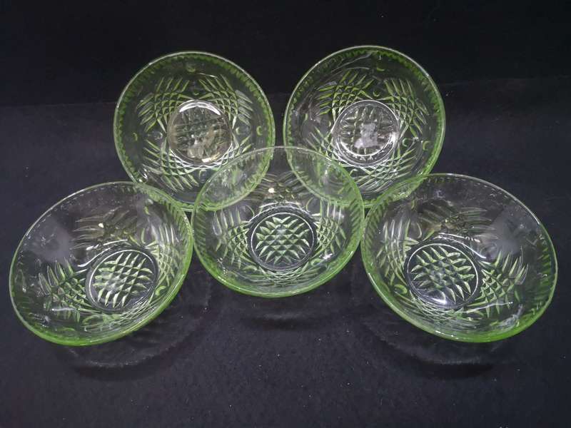 Set of 5 green glass serving bowls
