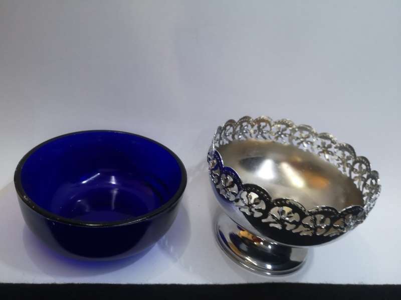 Blue glass lined candy dish