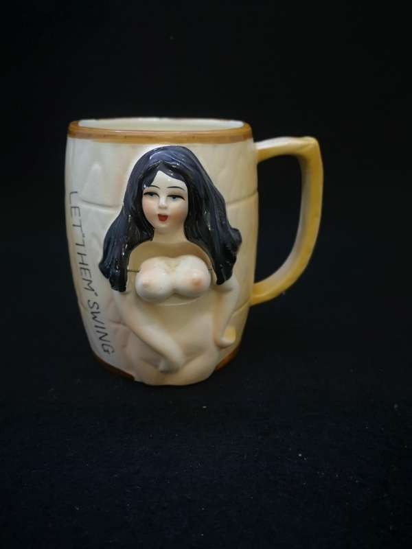 Vintage mug - `let them swing` naked lady with swinging boobs