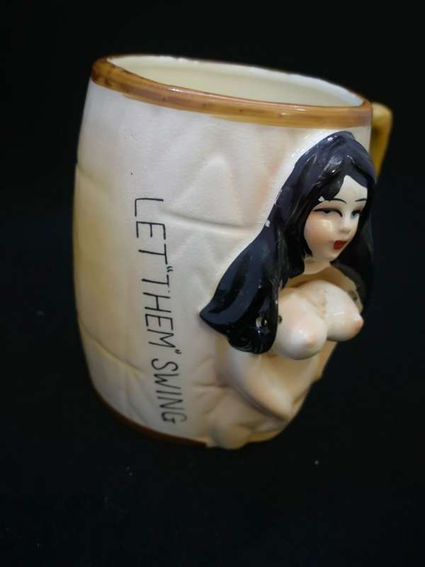 Vintage mug - `let them swing` naked lady with swinging boobs