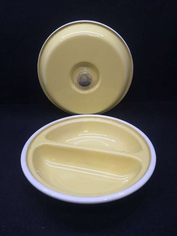 Old and heavy two division enamel bowl and lid - pastel yellow