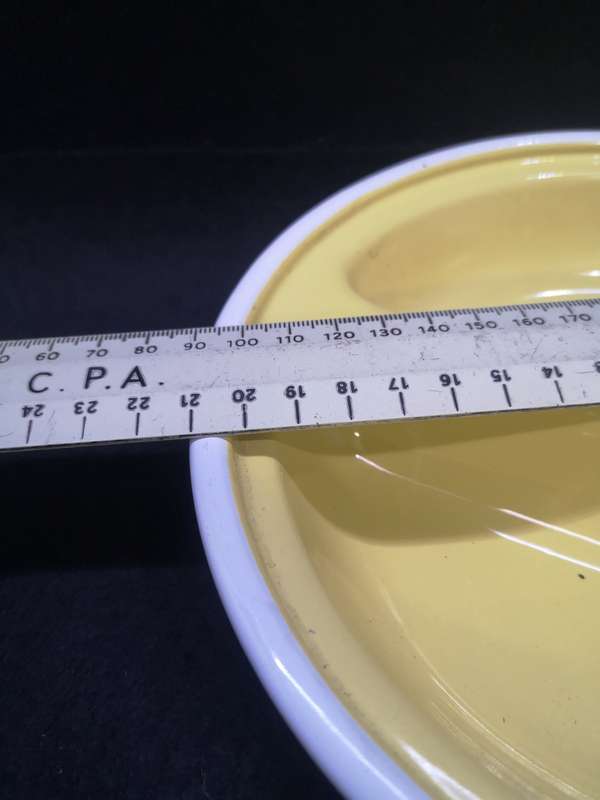 Old and heavy two division enamel bowl and lid - pastel yellow