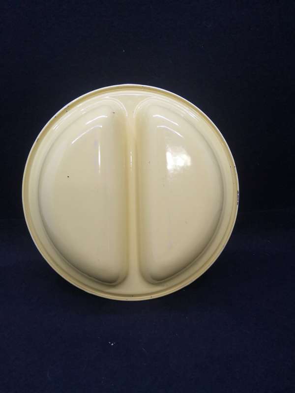 Old and heavy two division enamel bowl and lid - pastel yellow