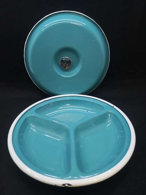 Old and heavy three division enamel bowl and lid