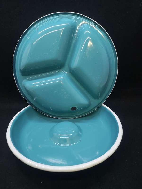 Old and heavy three division enamel bowl and lid