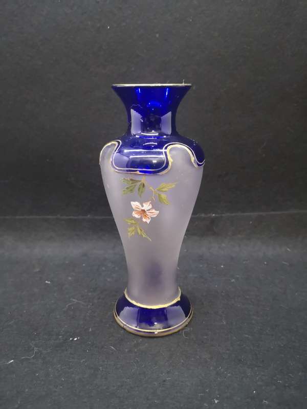 Blue glass hand painted vase