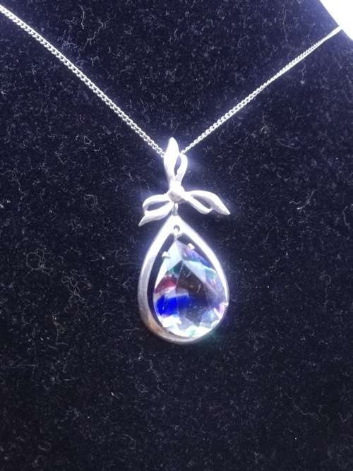 Big Rainbow stone pendant, 925 chain 70cm long