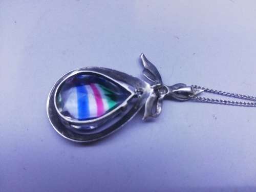 Big Rainbow stone pendant, 925 chain 70cm long