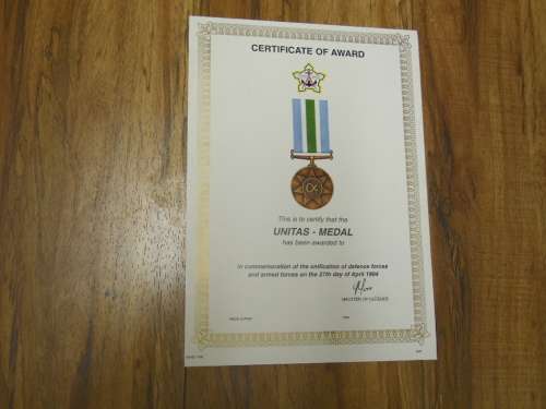 UNITAS MEDAL CERTIFICATE BLANK
