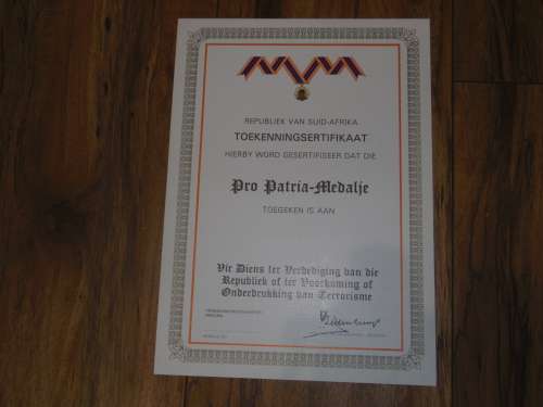 PRO PATRIA MEDAL CERTIFICATE BLANK