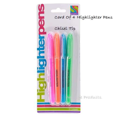 STATIONERY OFFICE SUPPLIES - Card Of 4 Highlighter Pens Chisel Tip