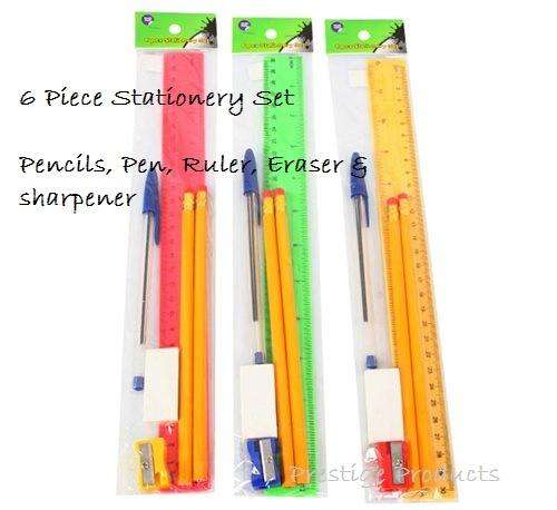 1 x 6 Piece Stationery Set  [Pencils, Pen, Ruler, Eraser & sharpener]