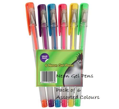 Neon Gel Pens  Pack of 6 Assorted Colours