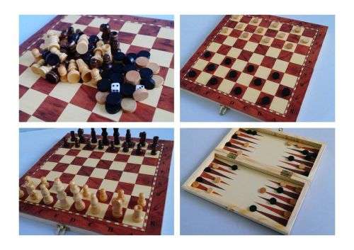 1 X WOODEN 3 In 1 Chess Checkers Backgammon - Wood Pieces