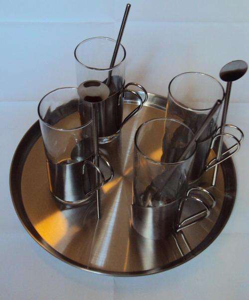 Set of 4 Glass Cups with spoons and Tray