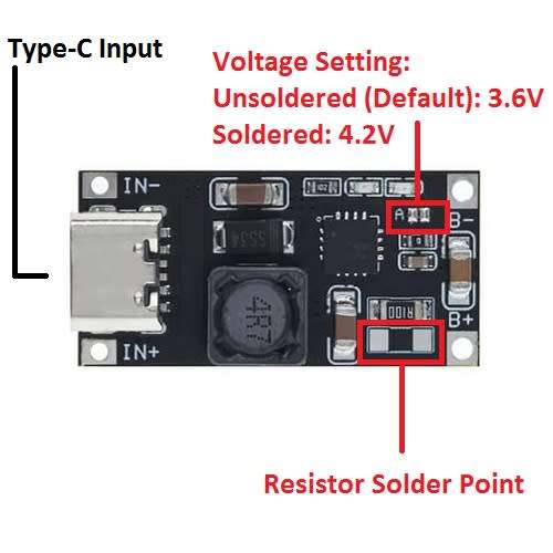 Battery 18650 Charger 3.6V or 4.2V 1s 1A (In: 4.5-7V) TP5000 Black Type-C USB  **LOCAL STOCK**