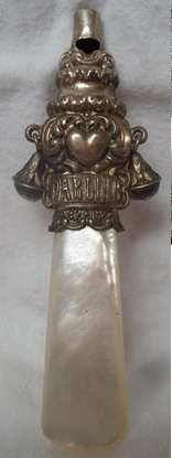 ANTIQUE 1902 VICTORIAN SILVER & MOTHER OF PEARL BABY RATTLE - NANNY'S WHISTLE