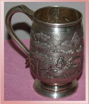 VINTAGE SOLID STERLING SILVER REPOUSSE BEER TANKARD